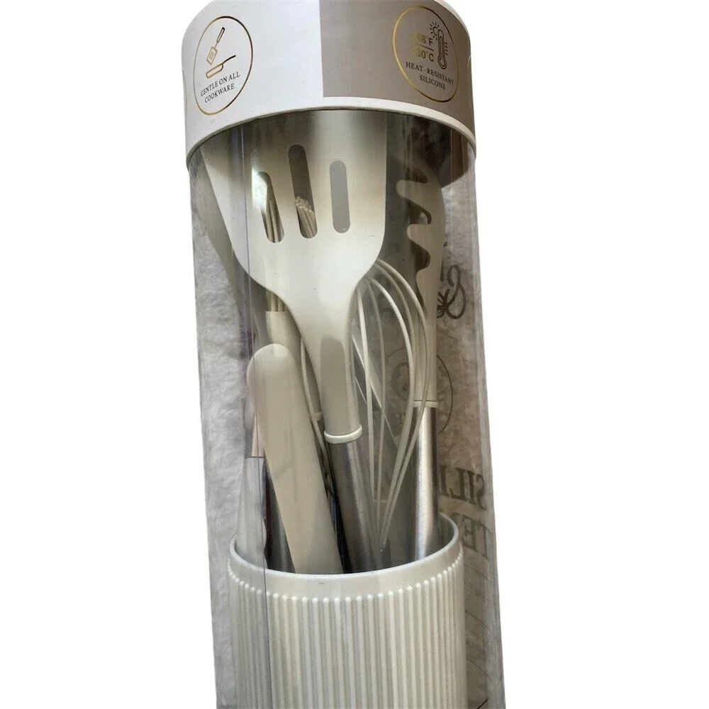 Thyme & Table 10-Piece Silicone Utensil Set White w/ Storage Crock